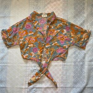 Love Notes Boho Floral Tie-Front Cropped Blouse